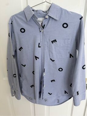 Current/Elliott Light Blue Button-Down Shirt with Black Letter Print